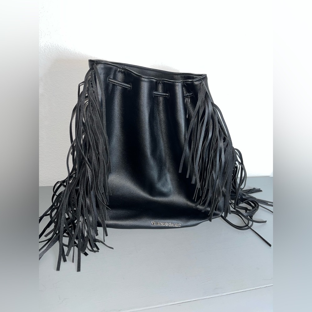 Victoria's Secret Fringe Bucket Bag Drawstring Black Faux Leather Large NWOT - Picture 1 of 16